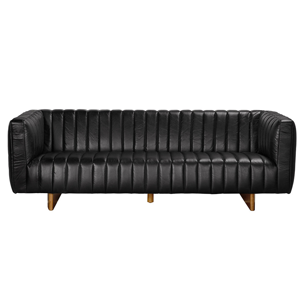 Khann Tuxedo Leather Sofa with Walnut Sled Legs for Modern Living Rooms