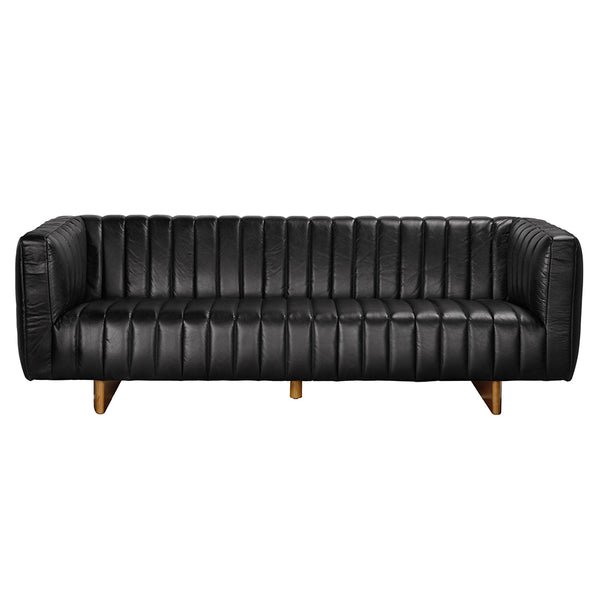 Khann Tuxedo Leather Sofa with Walnut Sled Legs for Modern Living Rooms
