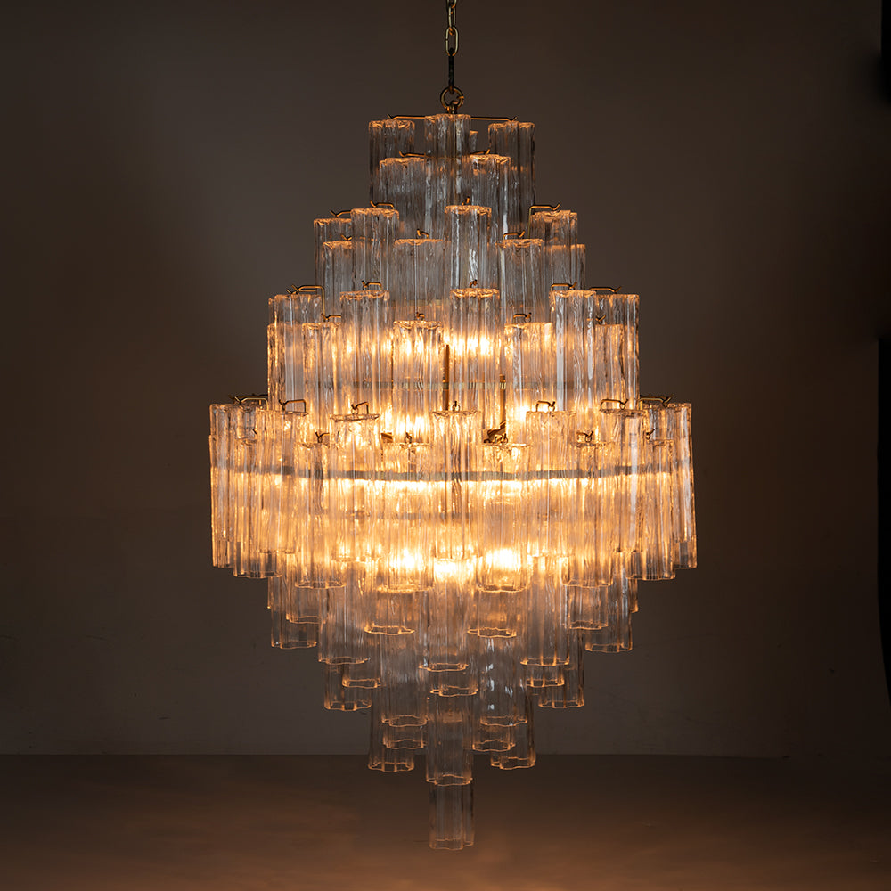Laurent Tiered Chandelier Antique Brass Glass Panels Mid-century Modern Dining Room Light