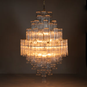 Laurent Tiered Chandelier Antique Brass Glass Panels Mid-century Modern Dining Room Light