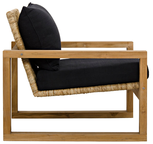 Martin Solid Teak Accent Chair with Hand-woven Reed Seat and Black Cotton Cushion