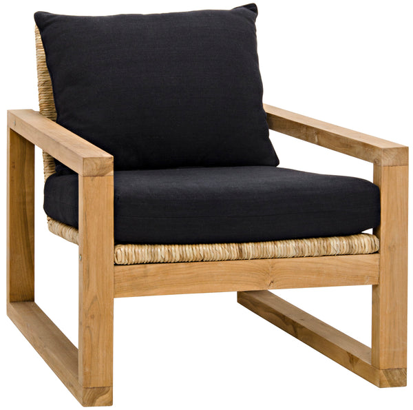 Martin Solid Teak Accent Chair with Hand-woven Reed Seat and Black Cotton Cushion