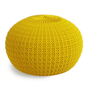 English Elm Sonata Round Knitted Outdoor Indoor Pouf in Yellow – Handcrafted Recycled PET, Water & UV Resistant, Durable Accent Seat (20" x 20" x 14") B136P159016