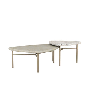 A.R.T. Furniture Cotiere Contemporary 2-piece Cocktail Tables Set With Wood & Terrazzo Tops, Bronze Metal Base Beige Parawood Solids,Mixed Split Cathedral Quarter,White Oak Veneer,Terrazzo Stone,Metal 299362-1243