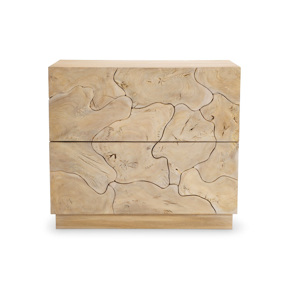 Bernhardt Calavaras nightstand with bleached teak texture, sliced open-work drawers, plinth base, minimalist charm Tan 347232