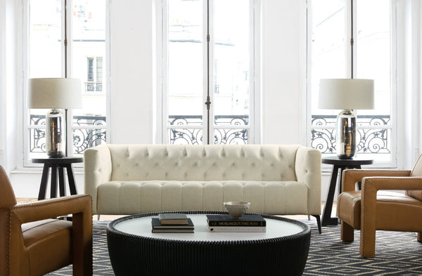 Hooker Furniture Nicolla Stationary Sofa — Chesterfield-Inspired Shelter Arms, Button-Tufted, Performance Fabric, Matte Black Legs SS637-03-411