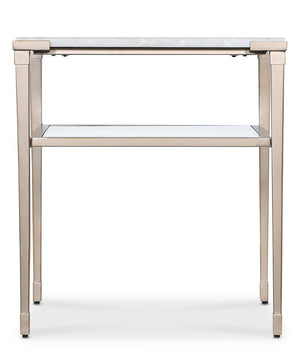 Hooker Furniture Melange Jen End Table With Natural White Stone Top, Champagne Legs & Tempered Glass Shelf, 24"H 628-80590-00