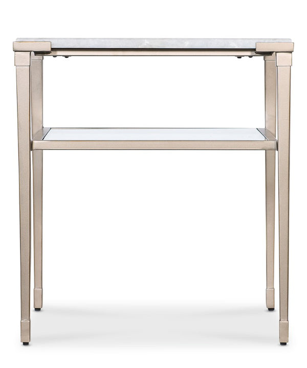 Hooker Furniture Melange Jen End Table With Natural White Stone Top, Champagne Legs & Tempered Glass Shelf, 24"H 628-80590-00