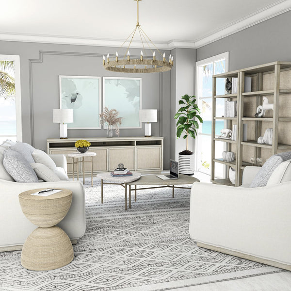 A.R.T. Furniture Cotiere Contemporary Etagere With 5 Glass Shelves, Linen Finish & Adjustable Levelers For Style Beige Materials, Parawood Solids,Mixed Split Cathedral And Quarter,White Oak Veneers,Fabric,Glass 299401-2349