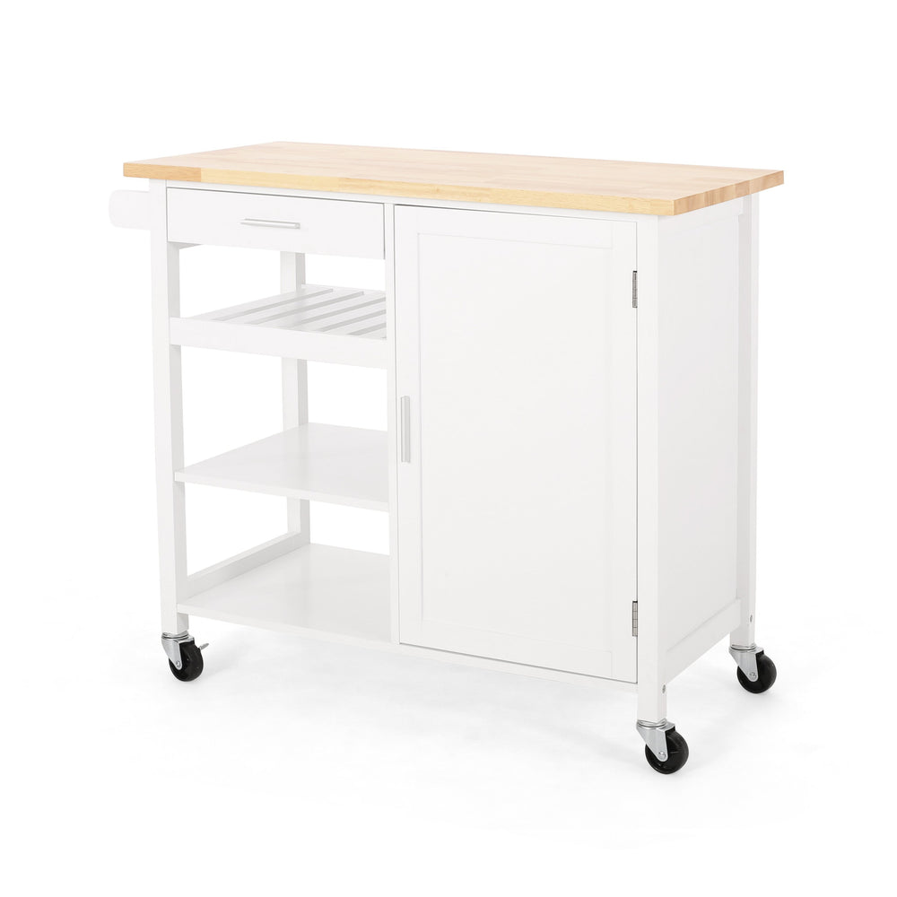 English Elm Christopher Knight Home® - Kitchen Island Cart with Solid Rubberwood Top, 41.75" Mobile Island with Drawer, Cabinet, Shelves & Wheels White 67756.00NATWHT