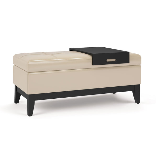 English Elm Oregon Storage Ottoman Bench with Tray and Lift-Top Storage, Satin Cream Faux Leather Accent Seat Beige B136P159069