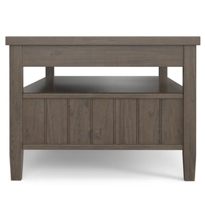 English Elm Lev Lift Top Coffee Table in Smoky Brown Solid Wood with Storage, Drawers & Brushed Bronze Handles B136P158826