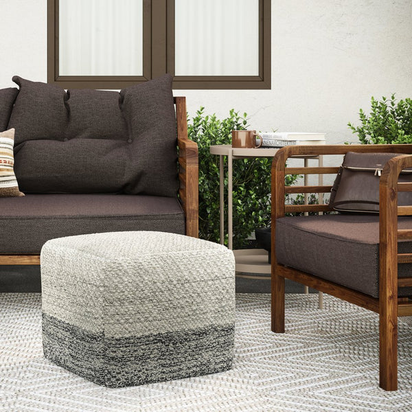 English Elm Macie Square Woven Outdoor/Indoor Pouf — Recycled PET Grey & White, Water + UV Resistant Seat 18" B136P159023