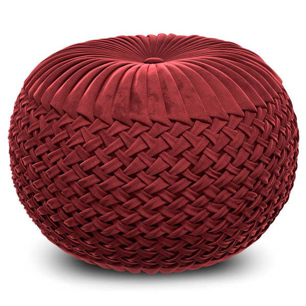 English Elm Grafton Velvet Round Pouf Ottoman — Handcrafted Maroon Tufted Velvet Accent Seat with Woven Sides Red B136P159290