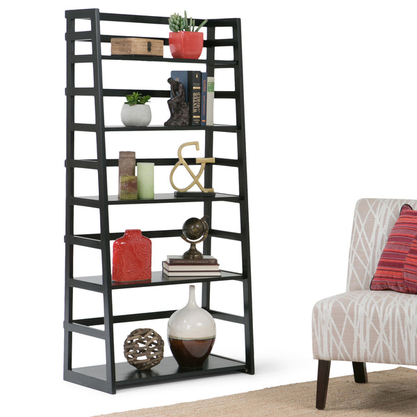 English Elm Acadian Ladder Shelf Bookcase - Handcrafted Solid Wood, 5 Wide Shelves In Elegant Black Finish B136P159679