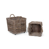 Rattan Woven Square Basket with Casters, Set of 2 ECW30218 Park Hill