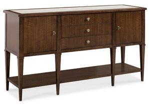 Hooker Furniture Archives Server — Figured Walnut Sideboard With Castle Grey Marble Top, Satin Brass Hardware, Generous Storage 6123-75907-89