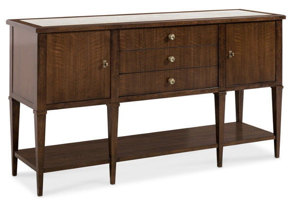 Hooker Furniture Archives Server — Figured Walnut Sideboard With Castle Grey Marble Top, Satin Brass Hardware, Generous Storage 6123-75907-89