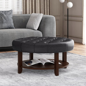 English Elm Round Tufted Pu Leather Ottoman with Open Shelf Storage for Living Room Black 71589.00