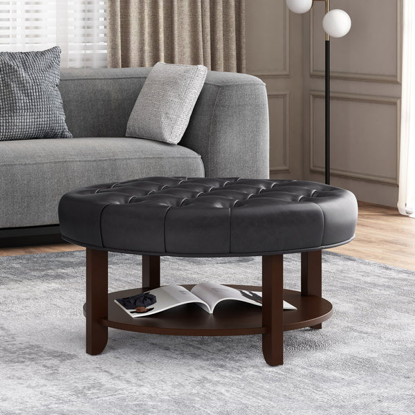 English Elm Round Tufted Pu Leather Ottoman with Open Shelf Storage for Living Room Black 71589.00