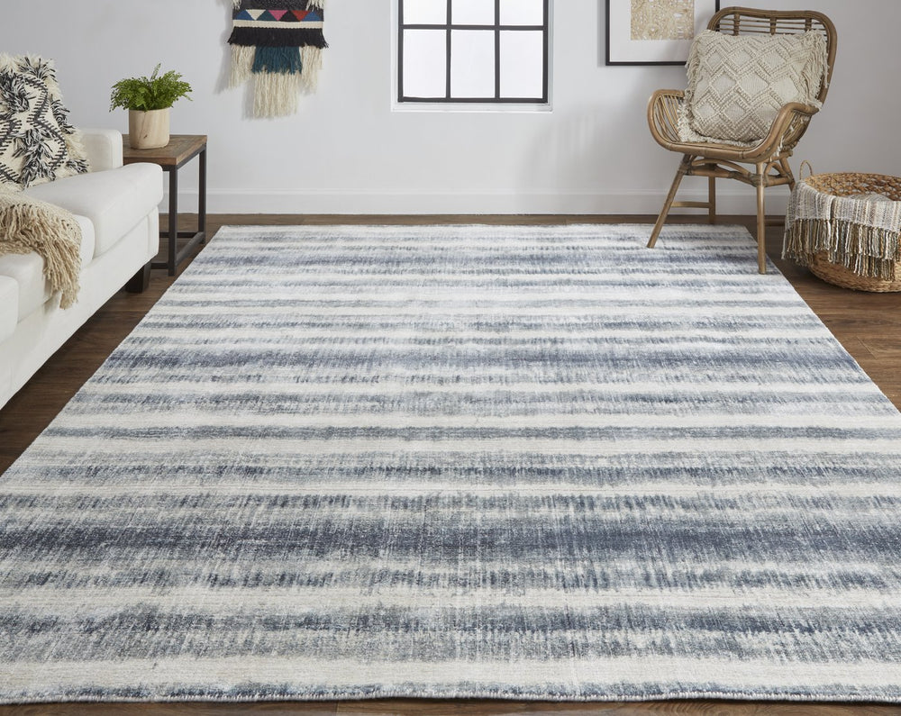 Feizy Rugs Mackay Hand Woven Viscose And Wool Low Pile Striped Rug For Luxurious Modern Home Decor Ivory,Blue Viscose,Wool Mky8824fnvy000e10