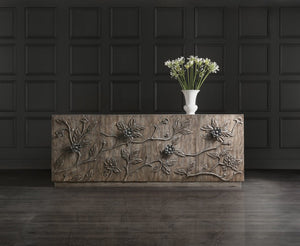 Hooker Furniture Melange Florence Four-Door Credenza With Hand-Cut Floral Motifs, Silver Hardware, Media-Ready Storage 628-85103-85