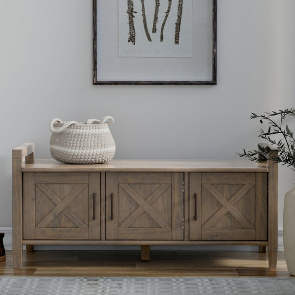 English Elm Ela Handcrafted Smoky Brown Entryway Storage Bench with 3 Shaker Doors, Shelves & Bronze Pulls B136P158603