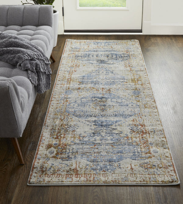 Feizy Rugs Kaia Luxurious Low Pile Medallion Area Rug - Soft, Durable, And Fade-resistant For High Traffic Areas Ivory,Orange,Blue Polypropylene,Viscose,Polyester Kai39hwfbluredi3e