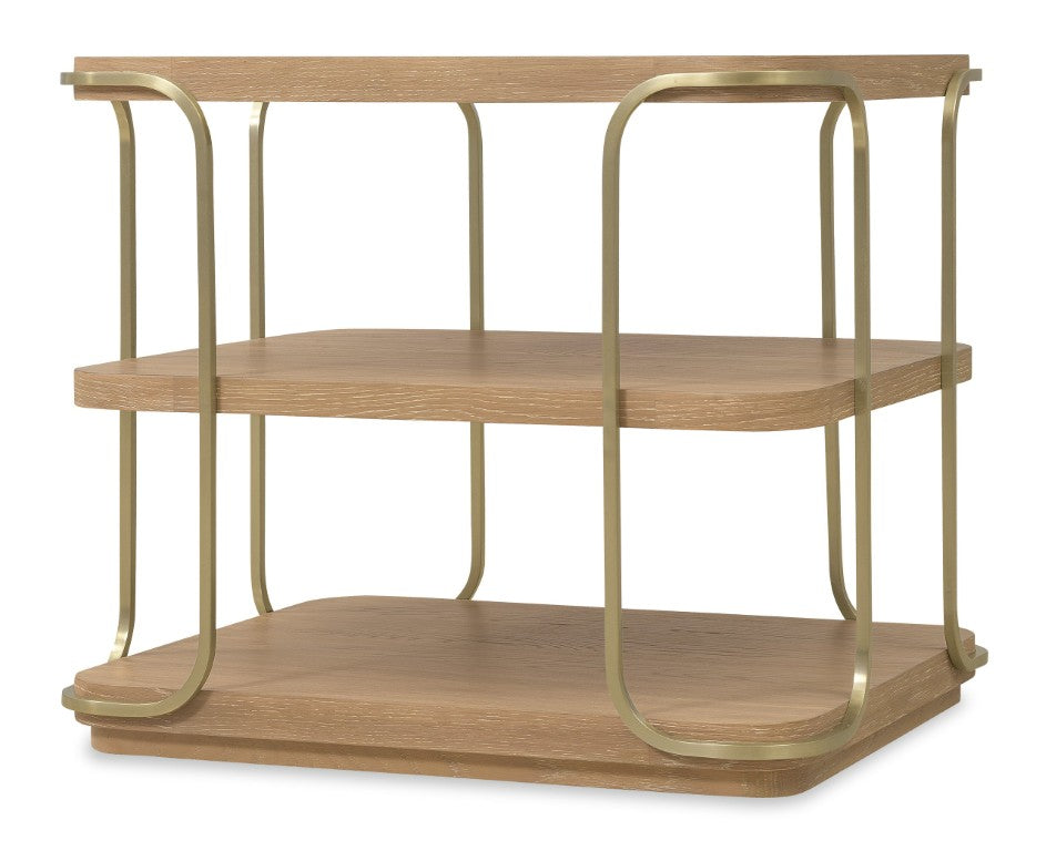 Hooker Furniture Banyon Desert Oak End Table With Brushed Brass Stainless Legs, Wire‑Brushed Cerused Finish — 26"L X 22"W X 24"H 6081-80113-82