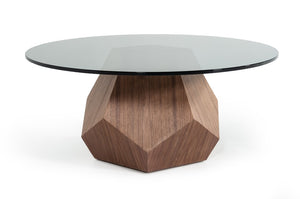 VIG Furniture Rackham Round Smoked Glass Coffee Table With Walnut Veneer Base, Geometric Mid‑Century Style (35") VGBBL1602A