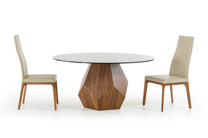 VIG Furniture Rackham Round Mid-Century Dining Table With Smoked Glass Top & Sculptural Walnut Geometric Base VGBBMI1501