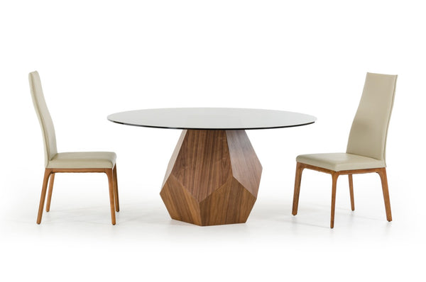 VIG Furniture Rackham Round Mid-Century Dining Table With Smoked Glass Top & Sculptural Walnut Geometric Base VGBBMI1501