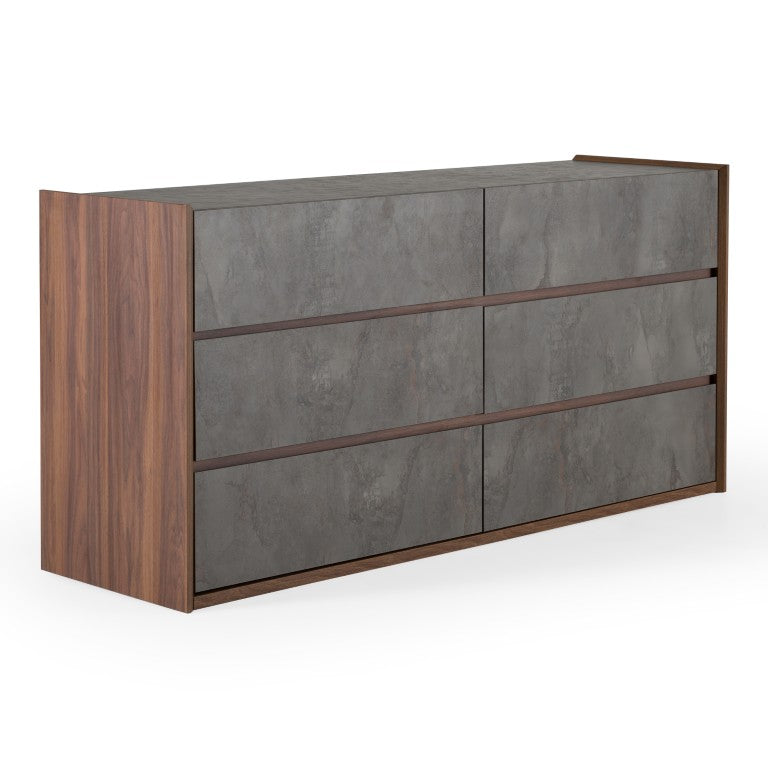VIG Furniture Rado Modern Walnut Dresser With Stucco Drawers, 6 Soft-Close Storage, Italian Craftsmanship, Ready To Use VGACRADO-DRS