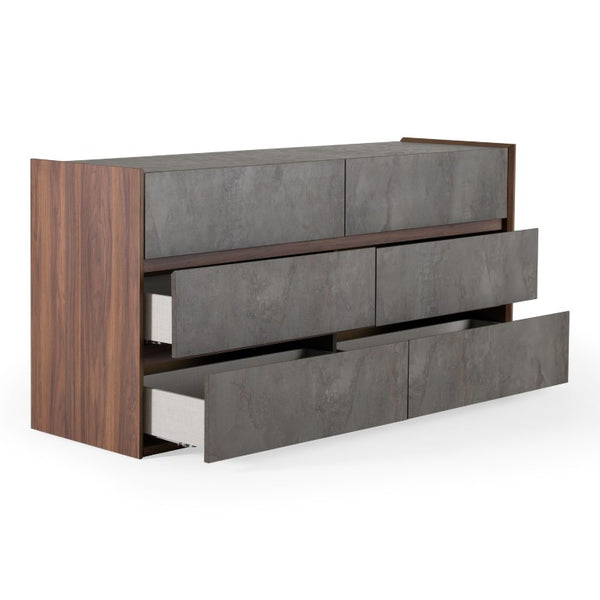 VIG Furniture Rado Modern Walnut Dresser With Stucco Drawers, 6 Soft-Close Storage, Italian Craftsmanship, Ready To Use VGACRADO-DRS