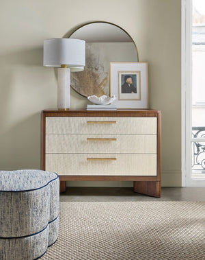 Hooker Furniture Eleana Walnut Three Drawer Chest With Beige Grass-Cloth Fronts, Sunlit Bronze Hardware, Transitional Style 7252-85004-85
