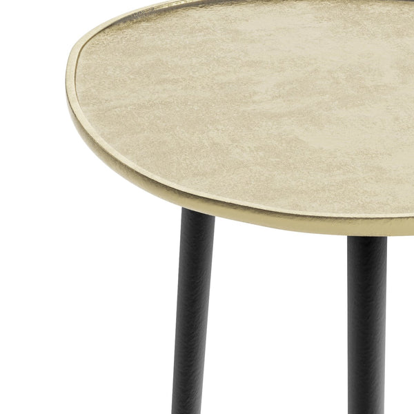English Elm Tanner Gold Metal Side Table with Round Top & Tri‑Pod Black Legs, Handcrafted Mid‑Century Accent (99) B136P159633