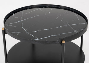 VIG Furniture Randal Modern Round Black Metal Coffee Table With Marble-Effect Top, Open Shelf & Gold Tips VGLBCOMP-CF60-02