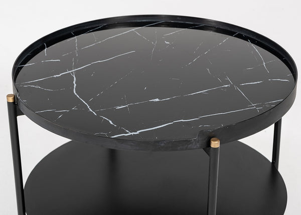 VIG Furniture Randal Modern Round Black Metal Coffee Table With Marble-Effect Top, Open Shelf & Gold Tips VGLBCOMP-CF60-02