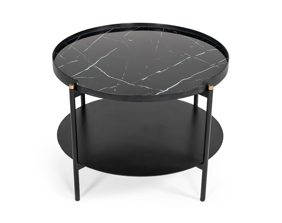 VIG Furniture Randal Modern Round Black Metal Coffee Table With Marble-Effect Top, Open Shelf & Gold Tips VGLBCOMP-CF60-02