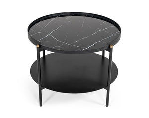 VIG Furniture Randal Modern Round Black Metal Coffee Table With Marble-Effect Top, Open Shelf & Gold Tips VGLBCOMP-CF60-02