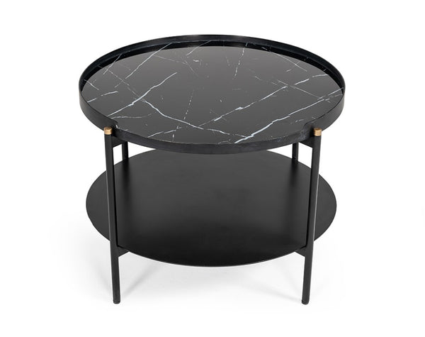 VIG Furniture Randal Modern Round Black Metal Coffee Table With Marble-Effect Top, Open Shelf & Gold Tips VGLBCOMP-CF60-02