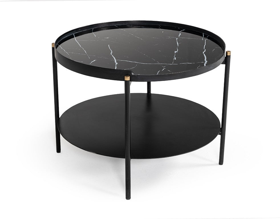 VIG Furniture Randal Modern Round Black Metal Coffee Table With Marble-Effect Top, Open Shelf & Gold Tips VGLBCOMP-CF60-02