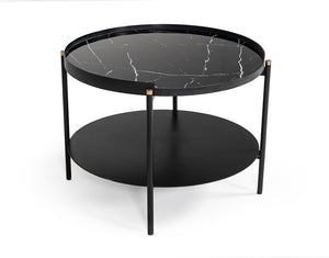 VIG Furniture Randal Modern Round Black Metal Coffee Table With Marble-Effect Top, Open Shelf & Gold Tips VGLBCOMP-CF60-02