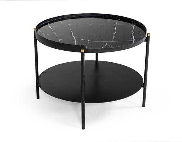 VIG Furniture Randal Modern Round Black Metal Coffee Table With Marble-Effect Top, Open Shelf & Gold Tips VGLBCOMP-CF60-02