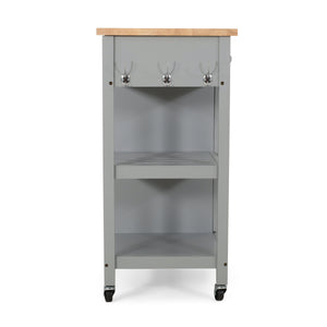 English Elm Christopher Knight Home® - Kitchen Island Cart with Rubberwood Top, Grey Mobile Kitchen Cart on Wheels with Cabinet, Hooks and Drawers 67755.00NATGRY