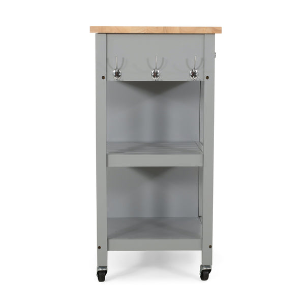 English Elm Christopher Knight Home® - Kitchen Island Cart with Rubberwood Top, Grey Mobile Kitchen Cart on Wheels with Cabinet, Hooks and Drawers 67755.00NATGRY