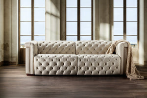 Hooker Furniture Savion Chesterfield 3-Seat Sofa In Aries Beach Performance Fabric With Power Headrests & Trim 43.00 L x 89.50W x 28.75H SS435-RLPPH-414