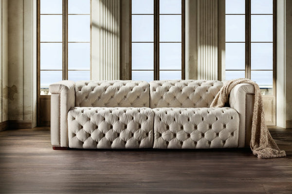 Hooker Furniture Savion Chesterfield 3-Seat Sofa In Aries Beach Performance Fabric With Power Headrests & Trim 43.00 L x 89.50W x 28.75H SS435-RLPPH-414