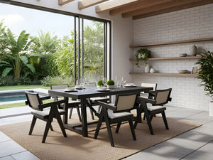 Alpine Furniture Raquel Japandi Rectangular Dining Table Rubberwood Oak Veneer Seats Six Matte Black 3269BLK-01