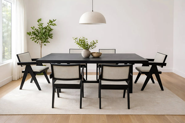 Raquel Japandi Rectangular Dining Table Rubberwood Oak Veneer Seats Six Matte Black